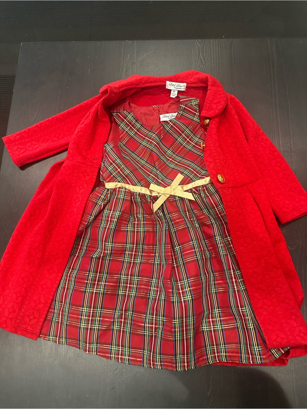 Little Lass Red Plaid Dress with Red Coat and Gold Bow